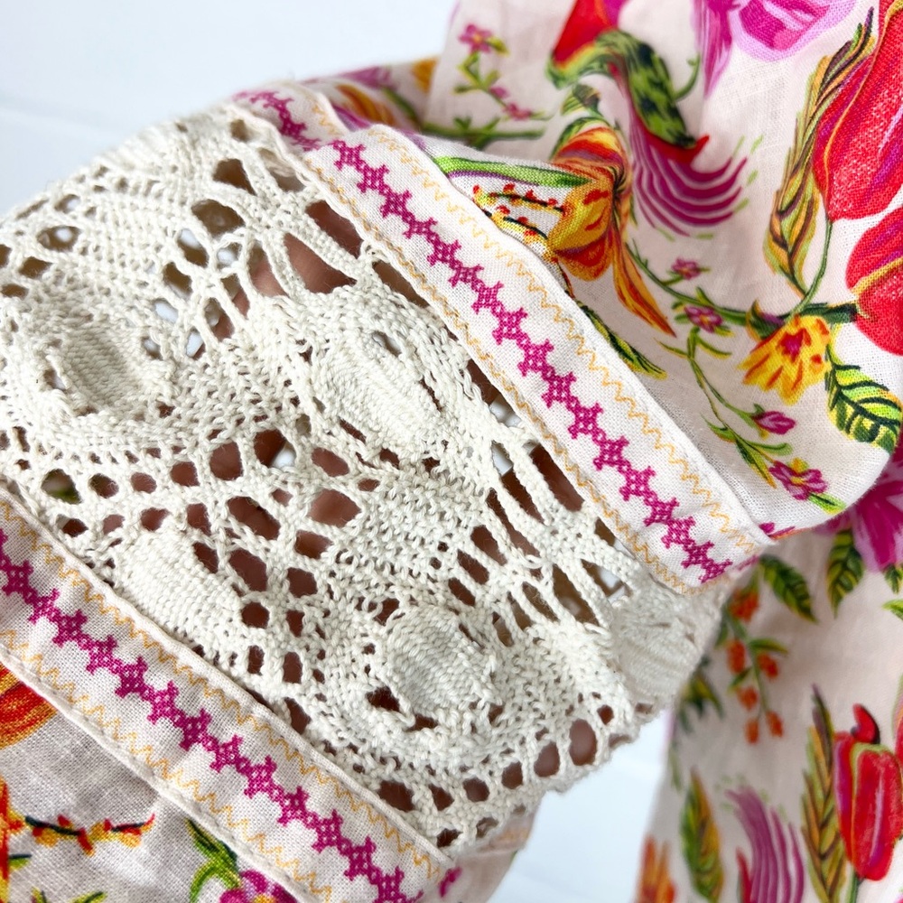 Rachel Zoe Linen Blend Crochet Insert Boho Tropical Square Neck Top Size M - Picture 5 of 8